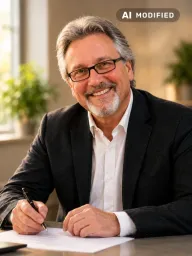 Bernhard Vitovec - ein freundlich lächender Mann im weßen Hemd und dunklen Jacket sitzt am Schreibtisch vor einigen Papieren.